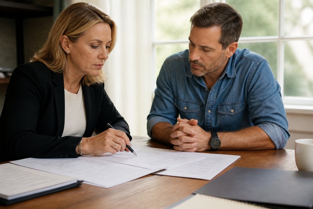 Homeowner sitting at desk across from financial advisor, reviewing loan documents and discussing options with focused intensity, natural office lighting streaming through windows
