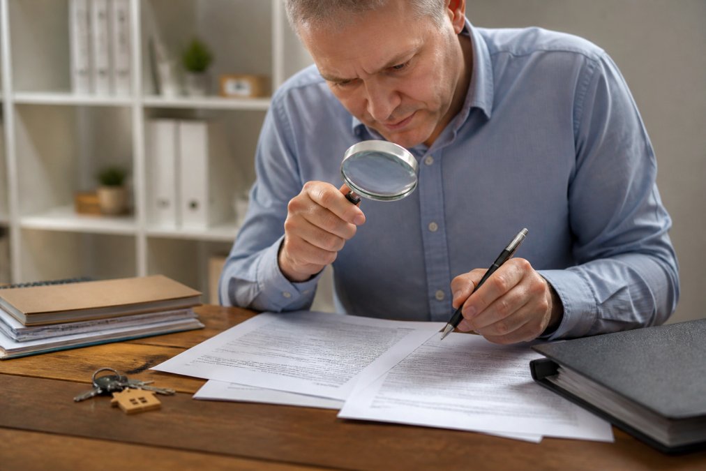 Person carefully examining loan contract with magnifying glass and pen in hand, reviewing terms with focused scrutiny at desk with documents spread out