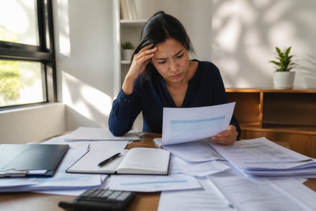 Person sitting at a desk reviewing credit report documents with a concerned expression, papers and notes spread out, natural office lighting filtering through window