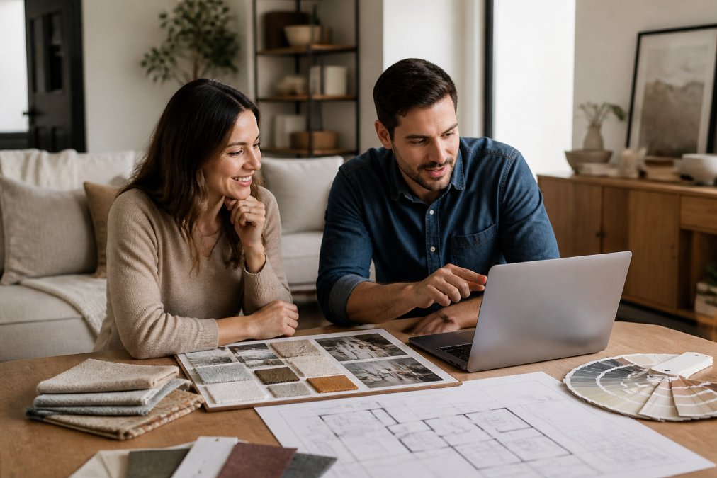 Flowchart showing the online interior design consultation process via video call with mood boards and floor plans