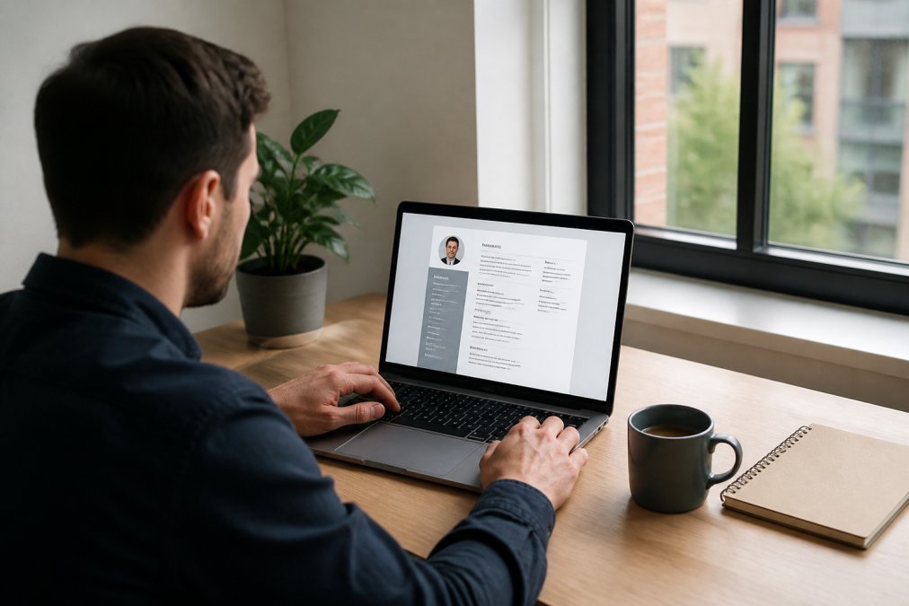 Professional sitting at a desk editing a professional resume template on a laptop with a coffee nearby