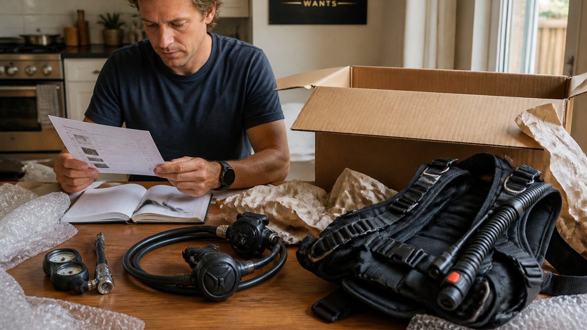 A diver at a kitchen table unboxing a new regulator and BCD, with a logbook, pressure gauge, and packing materials spread out, checking each item against a printed checklist