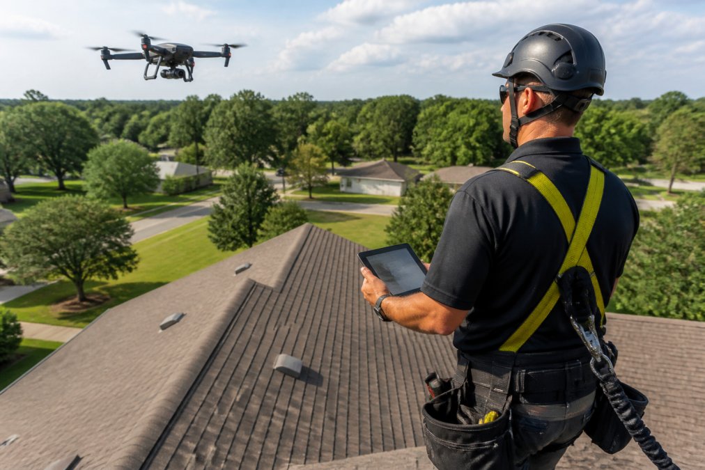 Professional roofer wearing safety harness and helmet conducting aerial roof inspection using drone equipment, documenting damage with digital tablet and camera in daylight