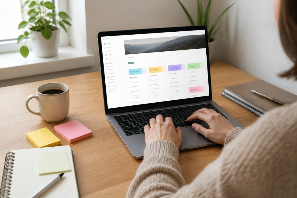 A person at a tidy desk with a laptop showing a colorful Notion dashboard, sticky notes and a coffee mug nearby, soft daylight from a window