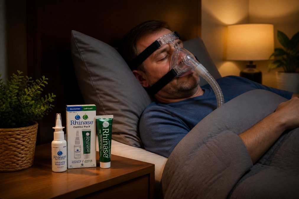 Person using CPAP machine at night in bedroom with soft lighting, showing nasal mask placement
