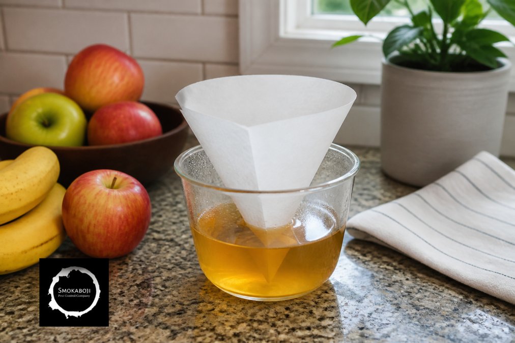 Close-up of a glass bowl containing apple cider vinegar mixture with a paper funnel inserted, sitting on a kitchen counter next to fresh fruit and a bowl of apples