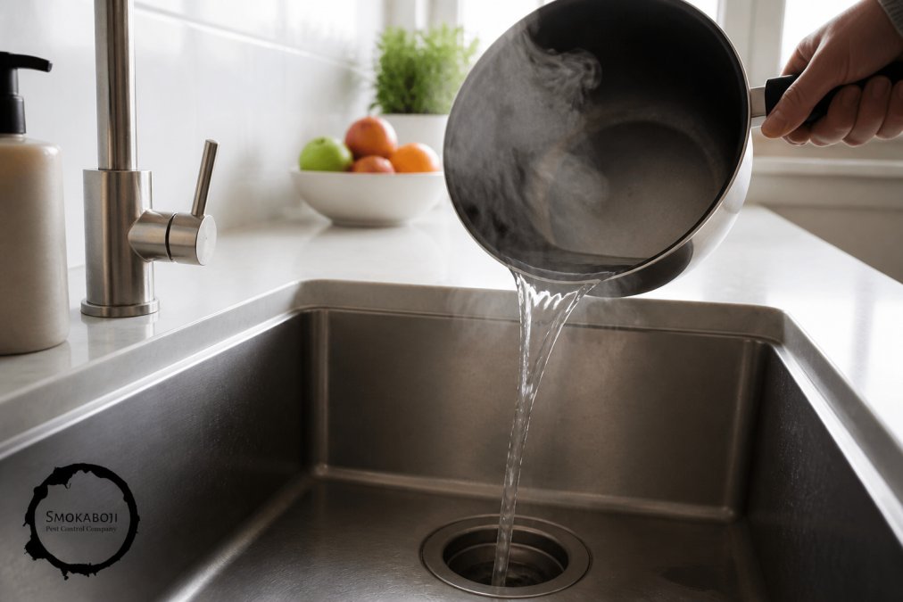 Hands pouring boiling water down a kitchen sink drain, with steam rising, clean kitchen counter visible in the background
