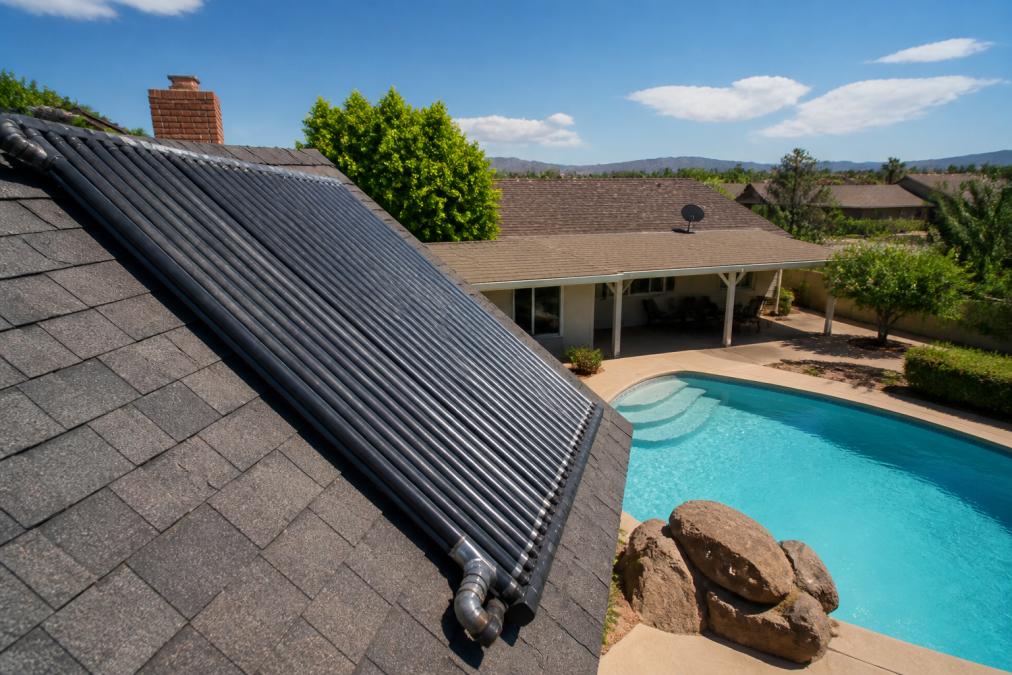 Heliocol solar collector panels mounted on a residential roof overlooking a backyard swimming pool with clear blue water, showing the integration with existing roofing materials and the sunny exposure