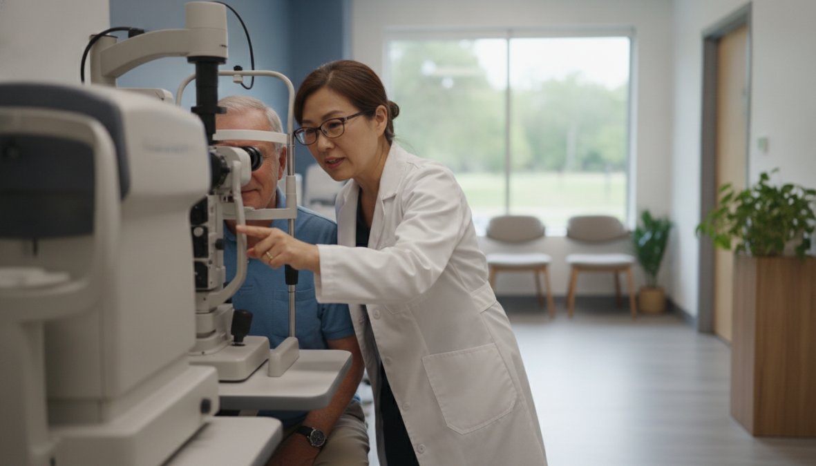 Patient consulting with glaucoma specialist in modern eye care clinic with advanced diagnostic equipment visible in the background, natural lighting from large windows