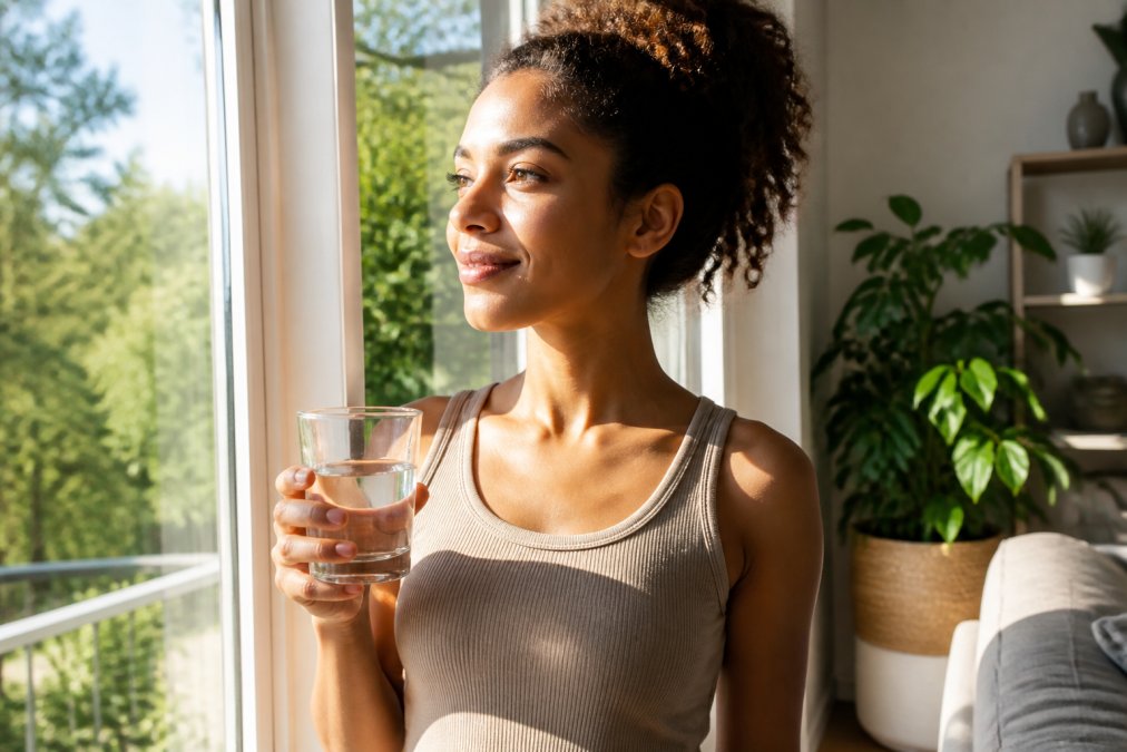 Person in morning sunlight by a window with a glass of water, looking calm and energised in a natural home setting, soft natural light streaming across their face
