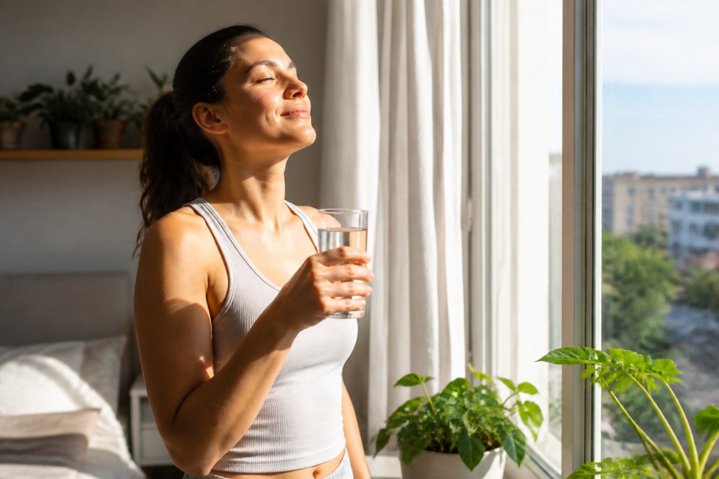 Person in morning sunlight by a window with a glass of water, looking calm and energised in a natural home setting, soft natural light streaming across their face