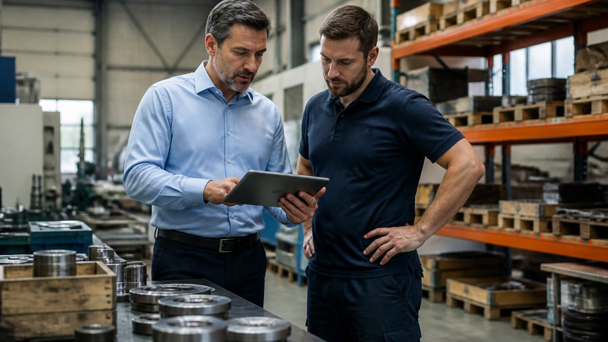 Plant manager and production supervisor standing at a workstation reviewing a digital dashboard on a tablet, with manufacturing equipment and inventory shelves visible in the background