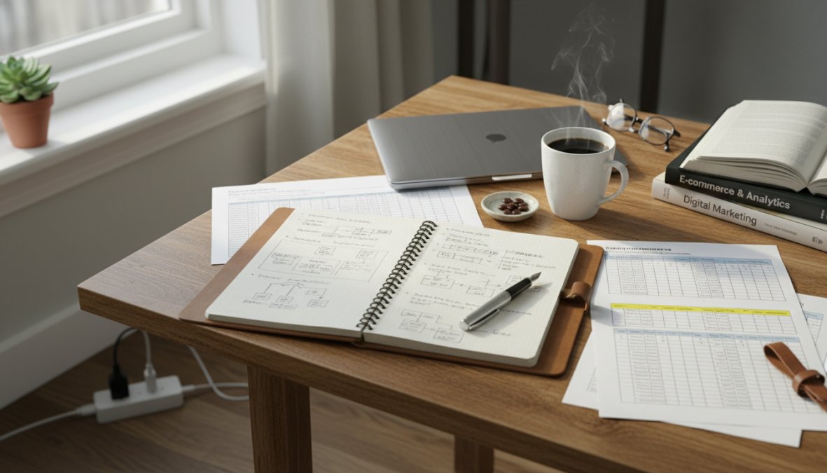 A person sitting at a desk reviewing product listings on a laptop screen, with a notepad and coffee nearby, in a clean home office setting with warm natural light coming through a window