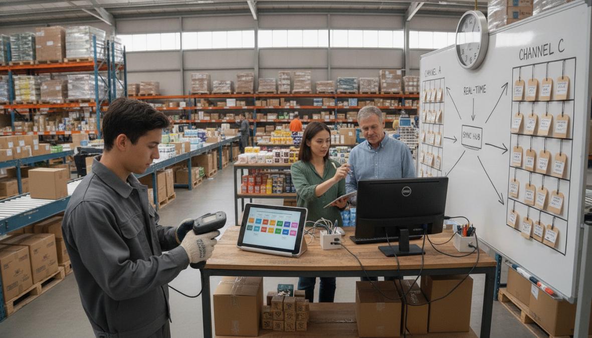 A warehouse worker scanning products with a handheld device while a colleague monitors inventory levels on a desktop screen showing a dashboard with real-time stock numbers