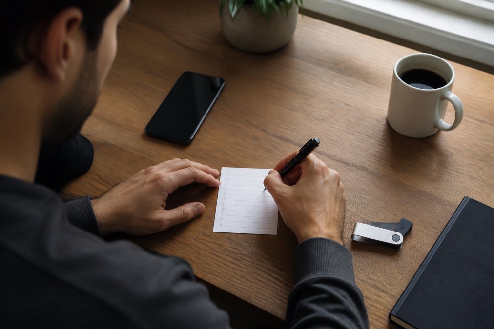 Step-by-step guide on writing a recovery phrase to create secure crypto wallets using a hardware device and app.