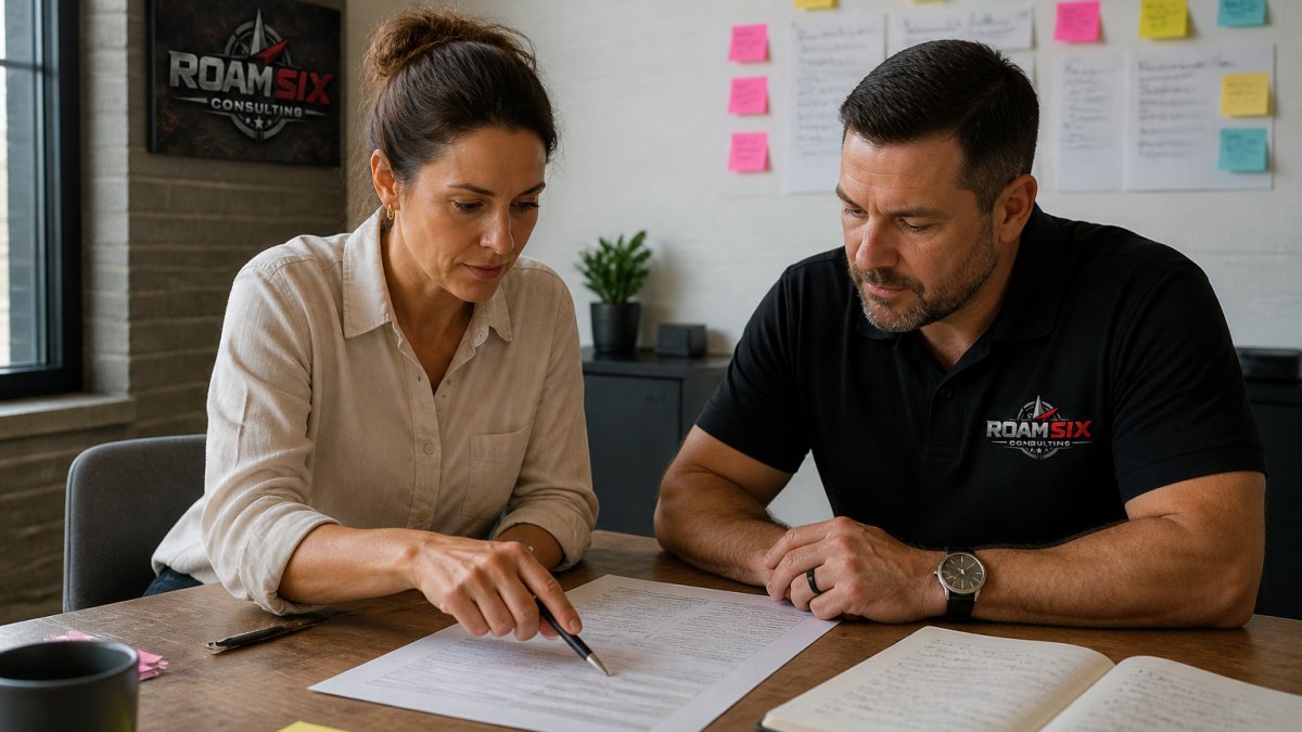 A small business owner and a consultant reviewing a strategic plan document at a table in a bright office, with sticky notes on a wall behind them