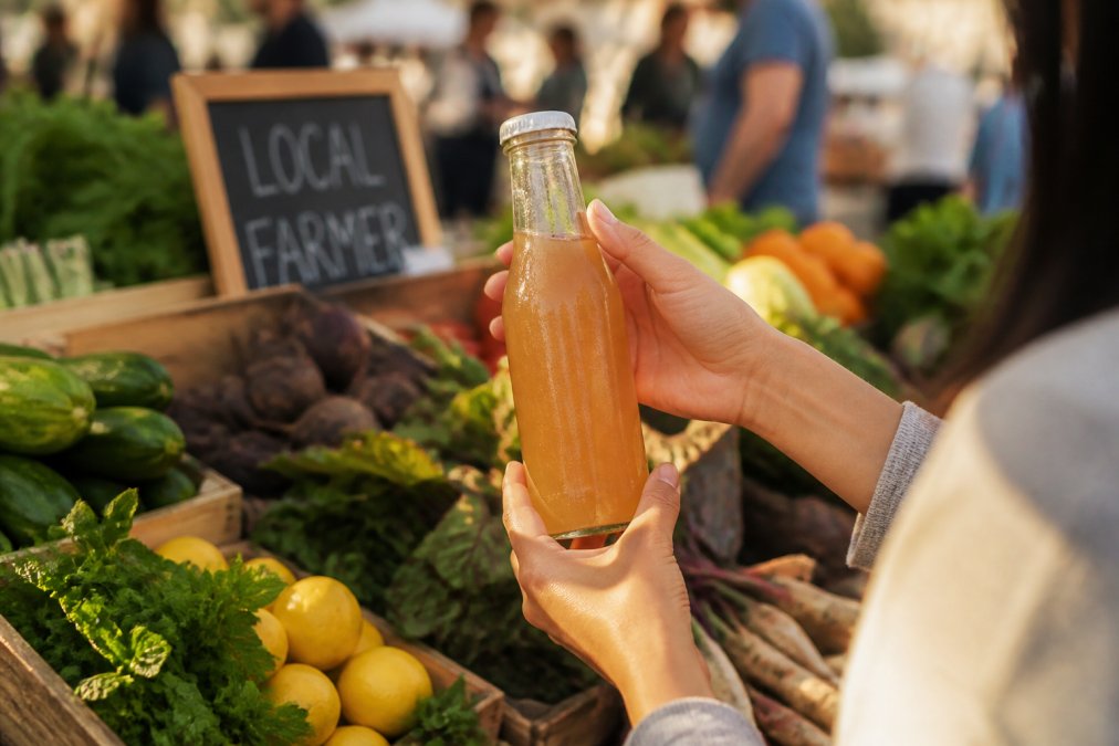 Hands holding a glass bottle of raw kombucha at a sunny outdoor farmers market with fresh produce nearby.