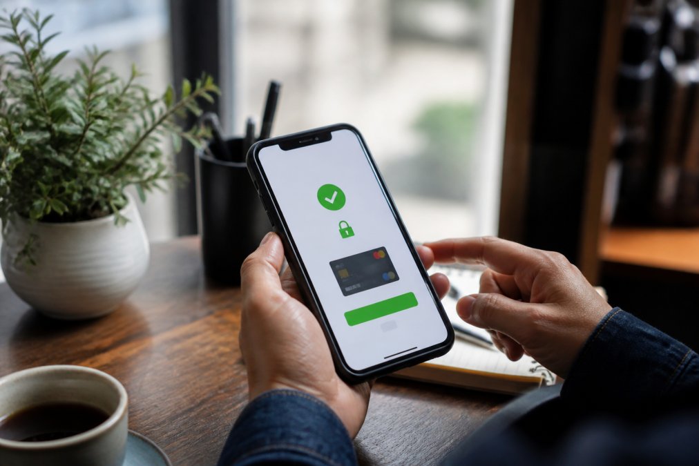 Close-up of person's hands holding smartphone displaying secure ticket booking confirmation screen with padlock security icon visible, modern payment interface with verified payment badge