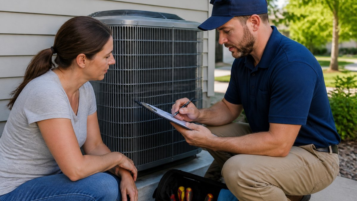 Professional HVAC technician in uniform discussing repair estimate with homeowner while reviewing clipboard in front of residential air conditioning unit on sunny day