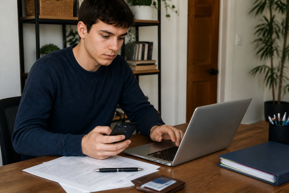 Young adult sitting at a desk with a laptop and smartphone, scheduling an appointment online, with documents and a pen visible nearby