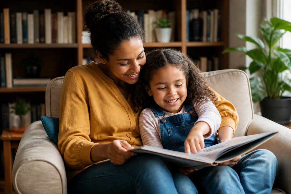 A parent and child reading a digital story together on a tablet, with the child smiling and pointing at colorful illustrations, in a cozy home library setting