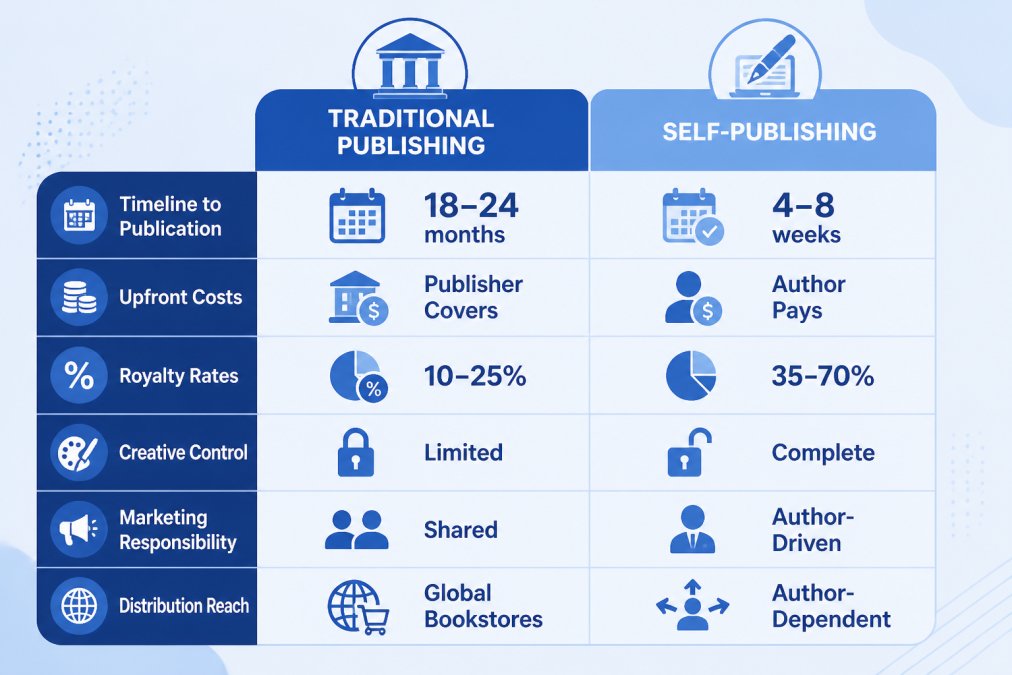 Comparison matrix showing traditional vs self-publishing: timeline to publication (18-24 months vs 4-8 weeks), upfront costs (publisher covers vs author pays), royalty rates (10-25% vs 35-70%), creative control (limited vs complete), marketing responsibility (shared vs author-driven), distribution reach (global bookstores vs author-dependent)