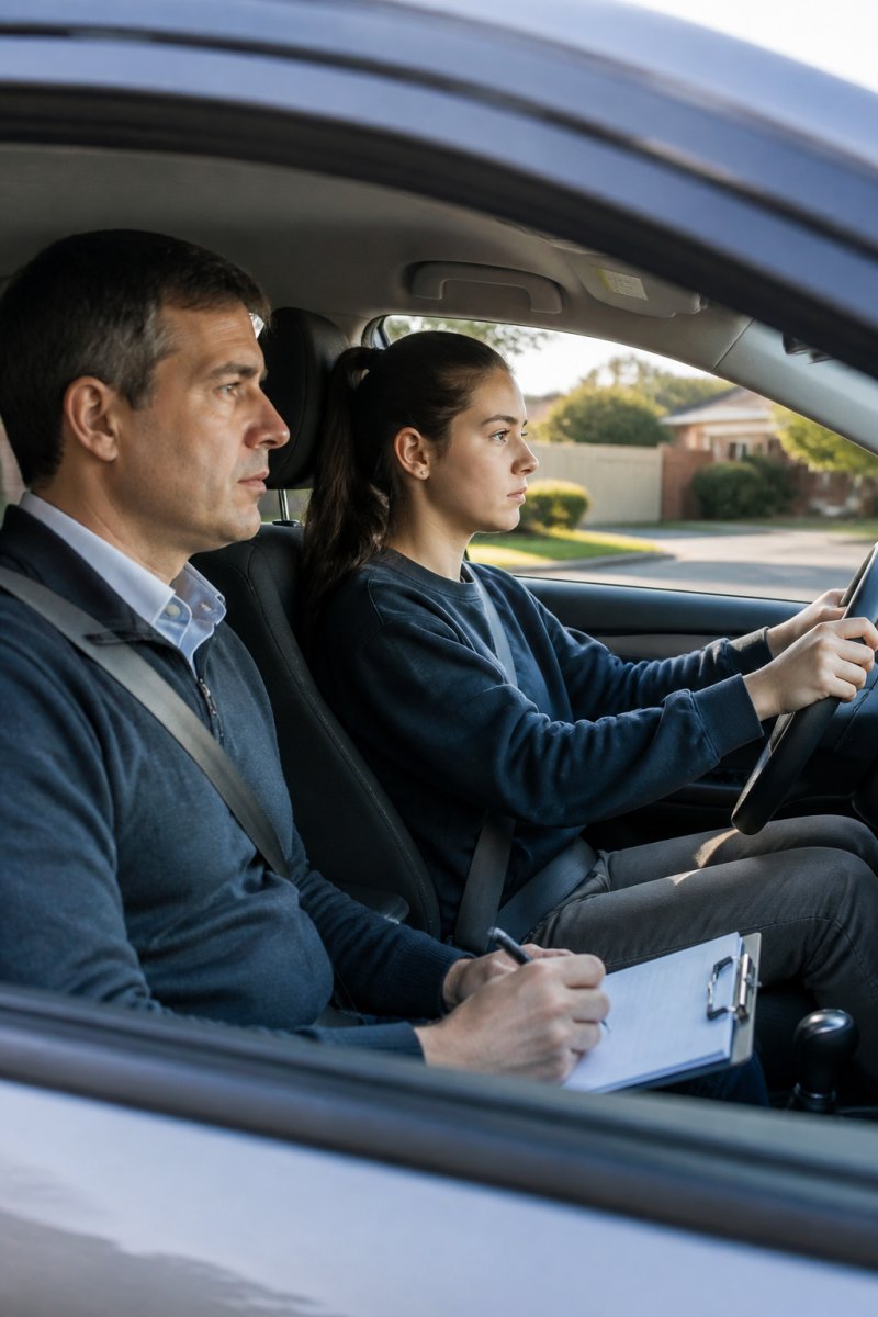 Driving instructor guiding a teenage learner in a suburban car while preparing for a driving license Adelaide test