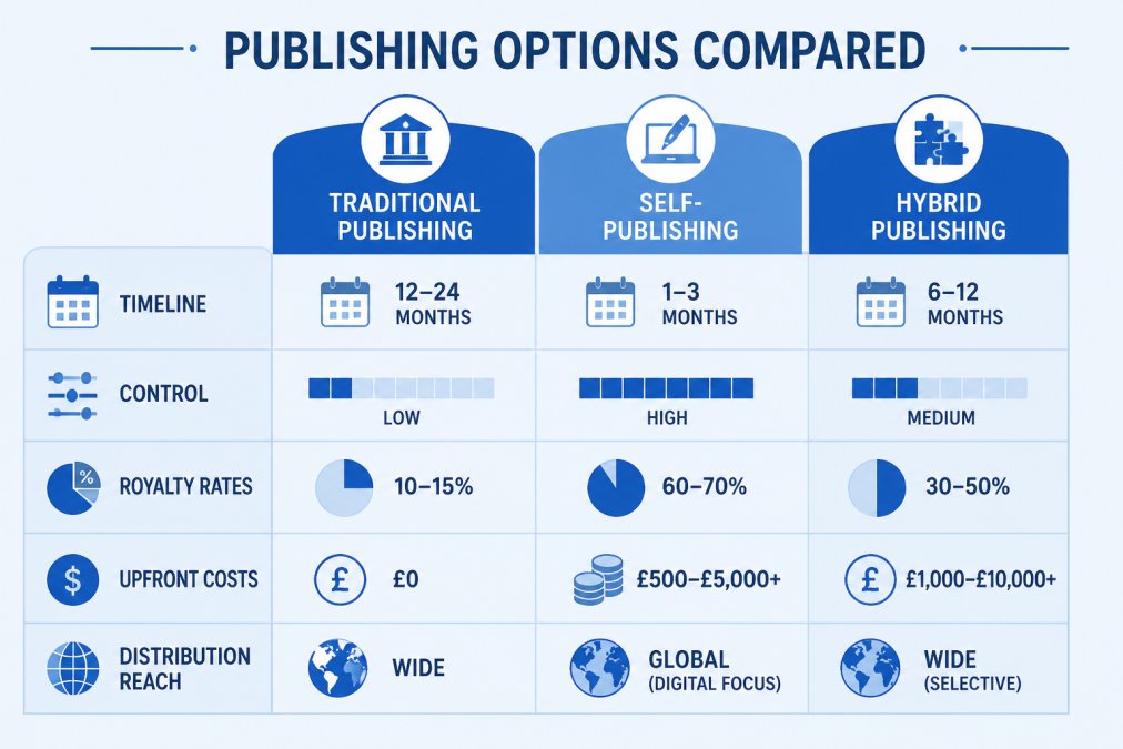 Comparison matrix of traditional publishing, self-publishing, and hybrid publishing showing timeline, control, royalty rates, upfront costs, and distribution reach
