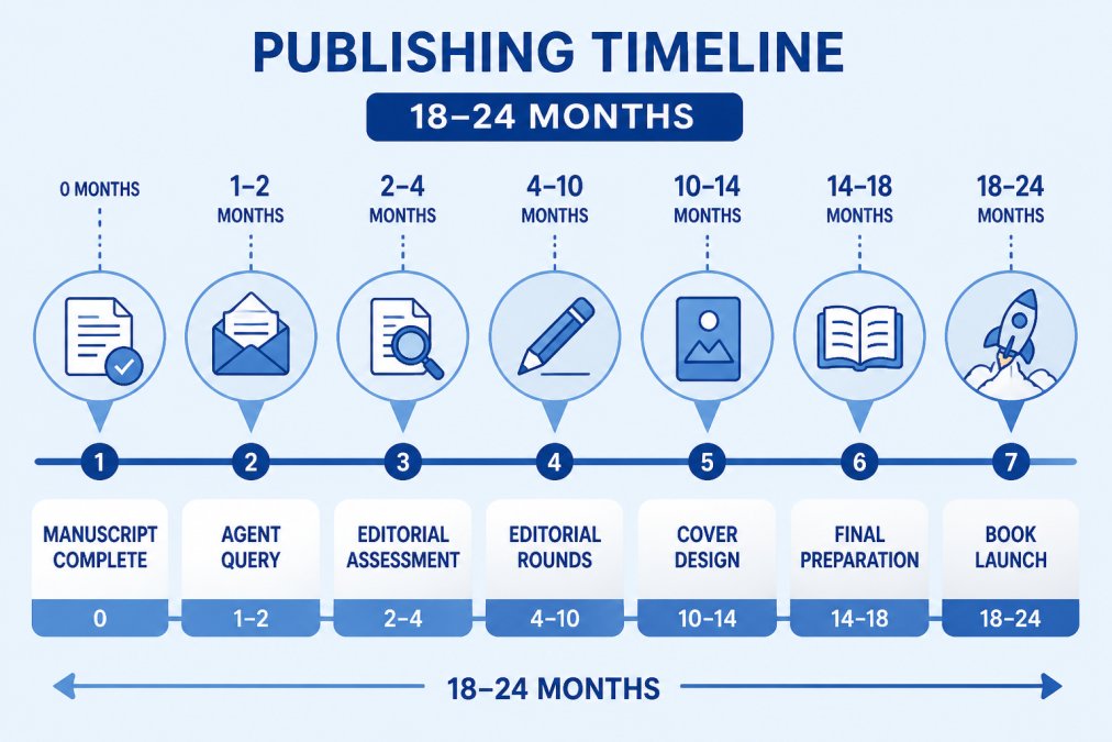 Timeline showing the 18-24 month publishing journey from manuscript completion through agent query, editorial rounds, cover design, and book launch