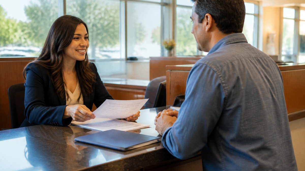 A person at a bank counter speaking with a teller, paperwork and a folder on the counter, natural light from large windows