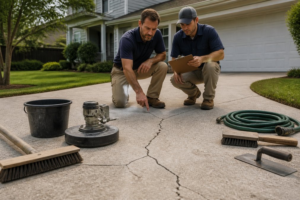 Homeowner and specialist inspecting a cracked driveway before pebble paving installation