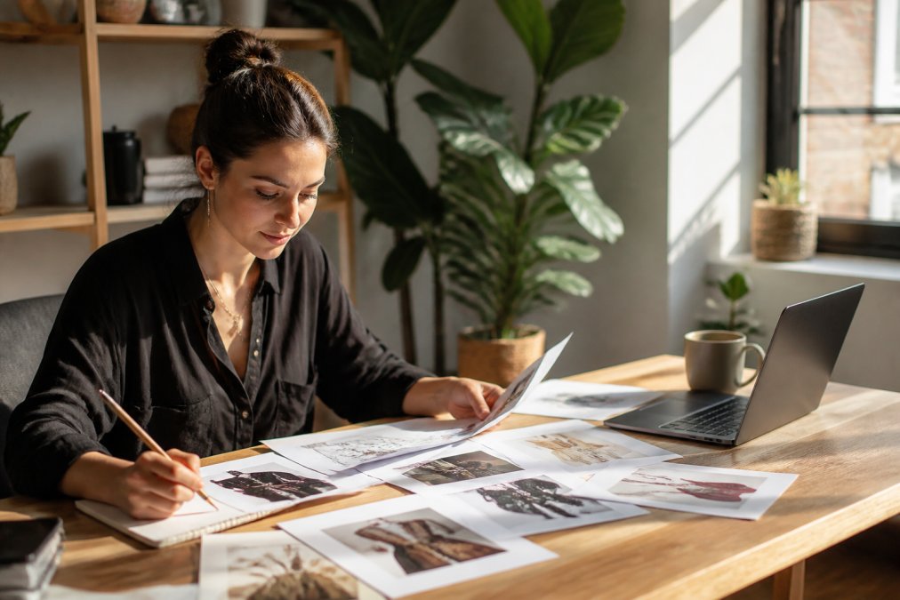 Designer at a desk with a laptop open, reviewing multiple AI-generated design mockups printed on paper, making notes with a pencil, natural lighting from a window