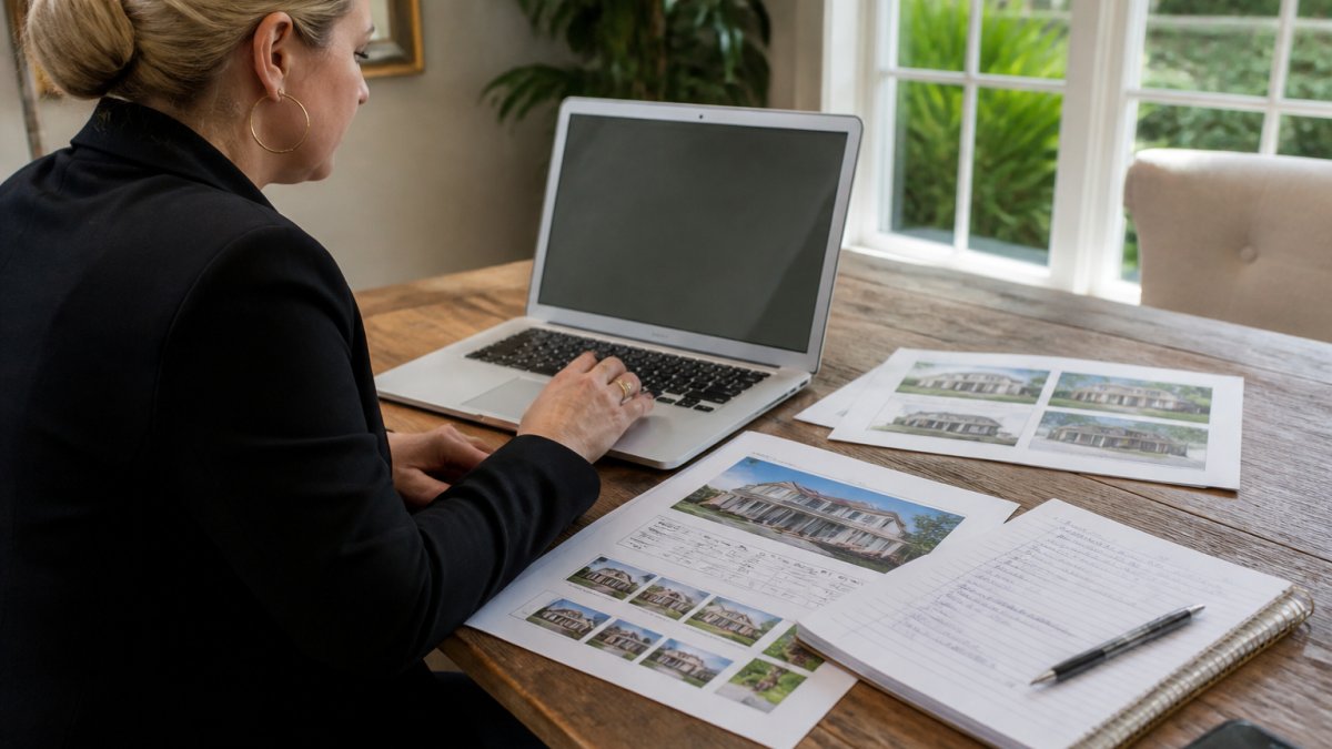 Real estate professional reviewing comparable home sales data on laptop at desk with printed property listings and neighborhood analysis notes spread across wooden surface, natural window lighting