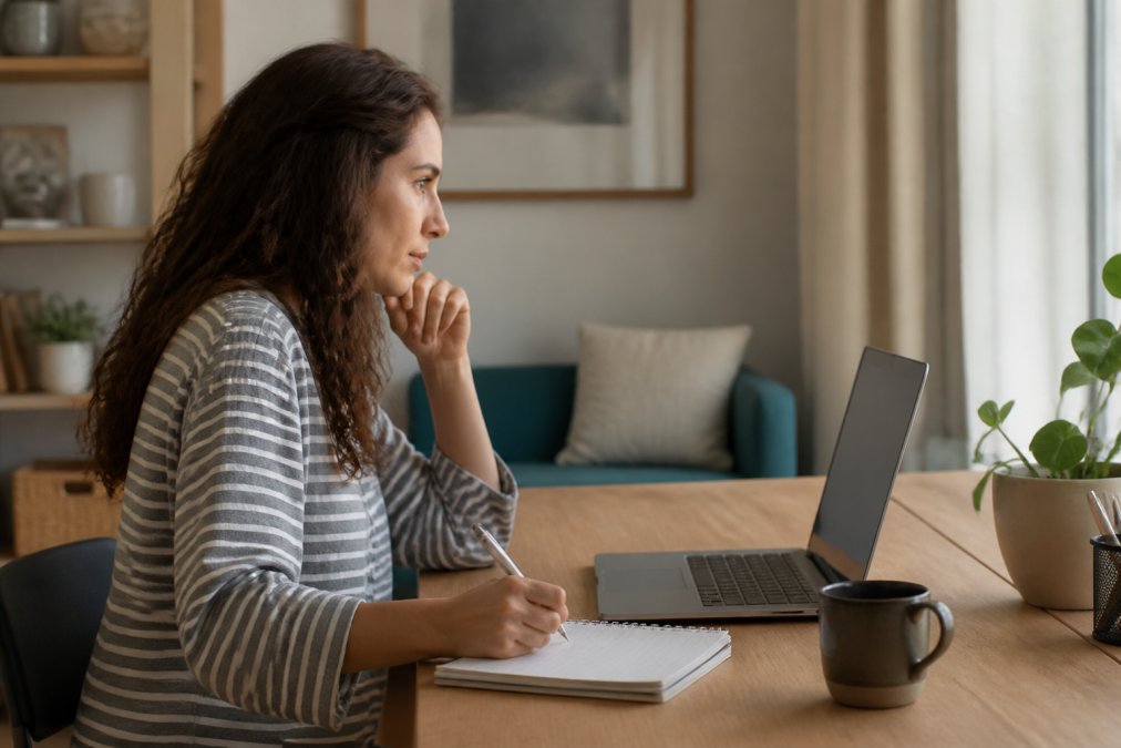 Person in their 30s using a laptop for an ADHD diagnosis online video call at a home desk