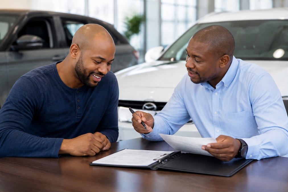Finance manager and customer reviewing bad credit auto loan paperwork at a dealership desk