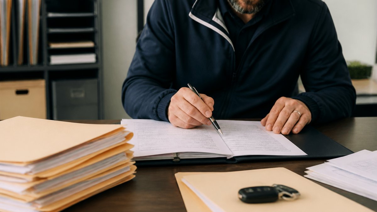 Professional reviewing loan documents and required paperwork at desk with pen and folder, organized files visible