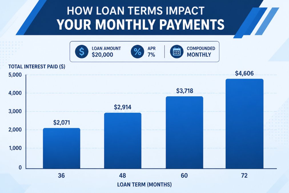 Bar chart comparing total interest paid on a $20,000 loan at 7% APR across 36, 48, 60, and 72 month terms