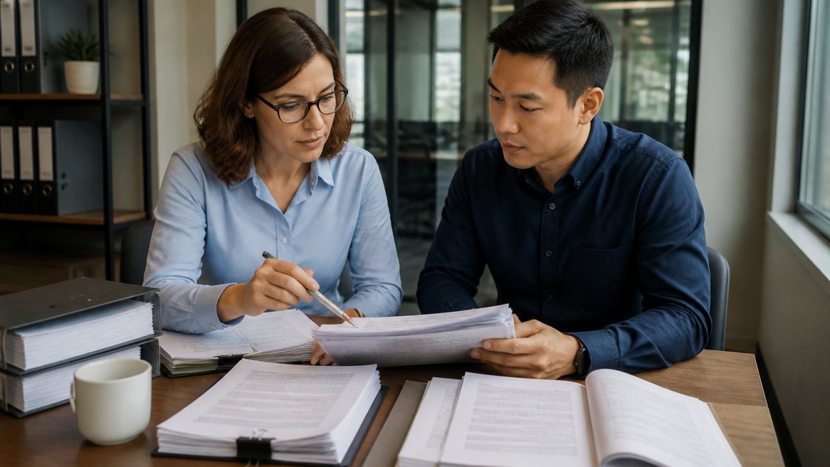 Compliance officer and IT manager working together at a desk reviewing control documentation and security policies on a laptop, with printed compliance frameworks visible nearby, natural office lighting