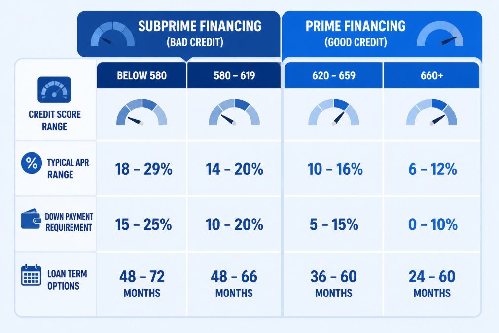 Comparison matrix showing credit score ranges (below 580, 580-619, 620-659, 660+) with corresponding typical APR ranges (18-29%, 14-20%, 10-16%, 6-12%), down payment requirements (15-25%, 10-20%, 5-15%, 0-10%), and loan term options (48-72 months, 48-66 months, 36-60 months, 24-60 months) for subprime vs. prime financing