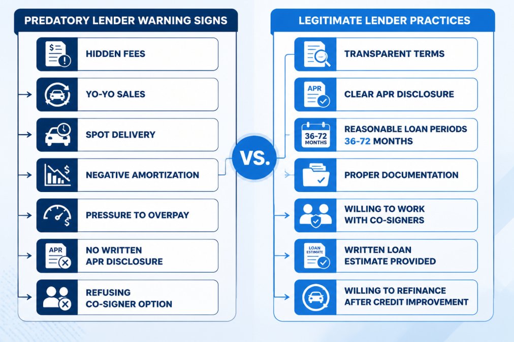 Side-by-side comparison flowchart showing predatory lender warning signs (hidden fees, yo-yo sales, spot delivery, negative amortization, pressure to overpay, no written APR disclosure, refusing co-signer option) vs. legitimate lender practices (transparent terms, clear APR disclosure, reasonable loan periods 36-72 months, proper documentation, willing to work with co-signers, written Loan Estimate provided, willing to refinance after credit improvement)