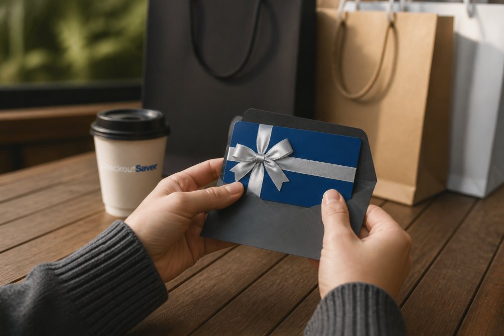 Close-up of hands holding a smartphone displaying a digital gift card on the screen, with shopping bags visible in the background