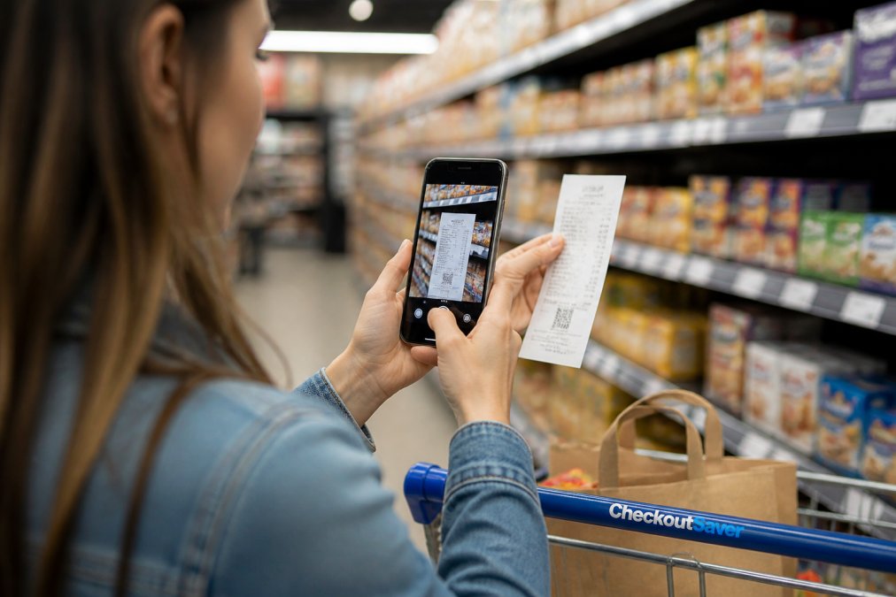 Person photographing a receipt with a smartphone camera in a retail store, with store shelves and products visible