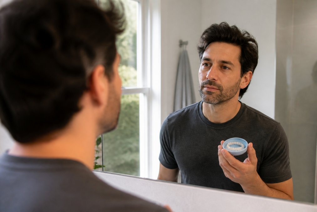 A person in their 30s looking into a bathroom mirror at home, holding a denture case, with a calm and contemplative expression, soft natural light