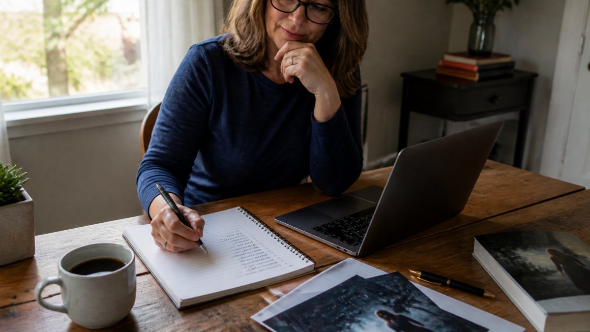 Author at a wooden desk with a laptop and reader list while getting early readers for a new book project