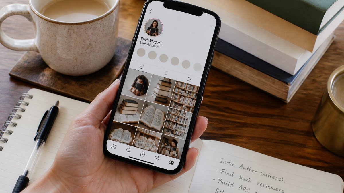Smartphone screen showing a book blogger's Instagram profile while getting early reviews for indie books.