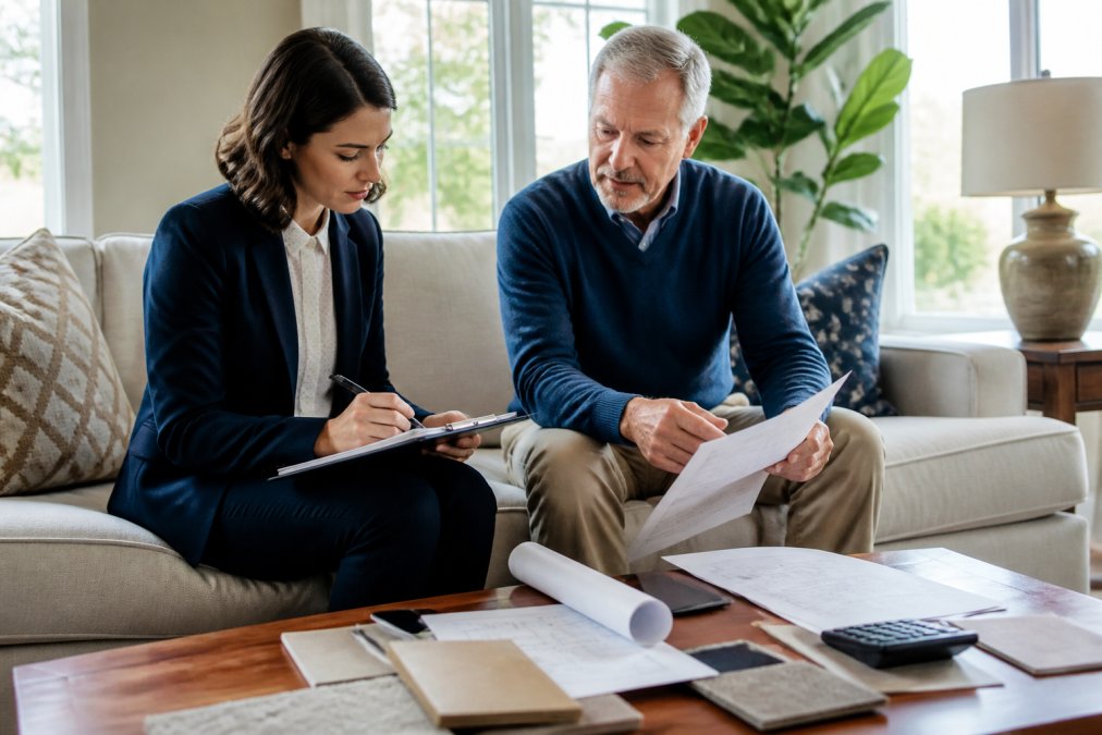 Real estate professional and homeowner standing in a residential living room, reviewing property documents and taking notes on a clipboard, natural daylight from windows illuminating the space