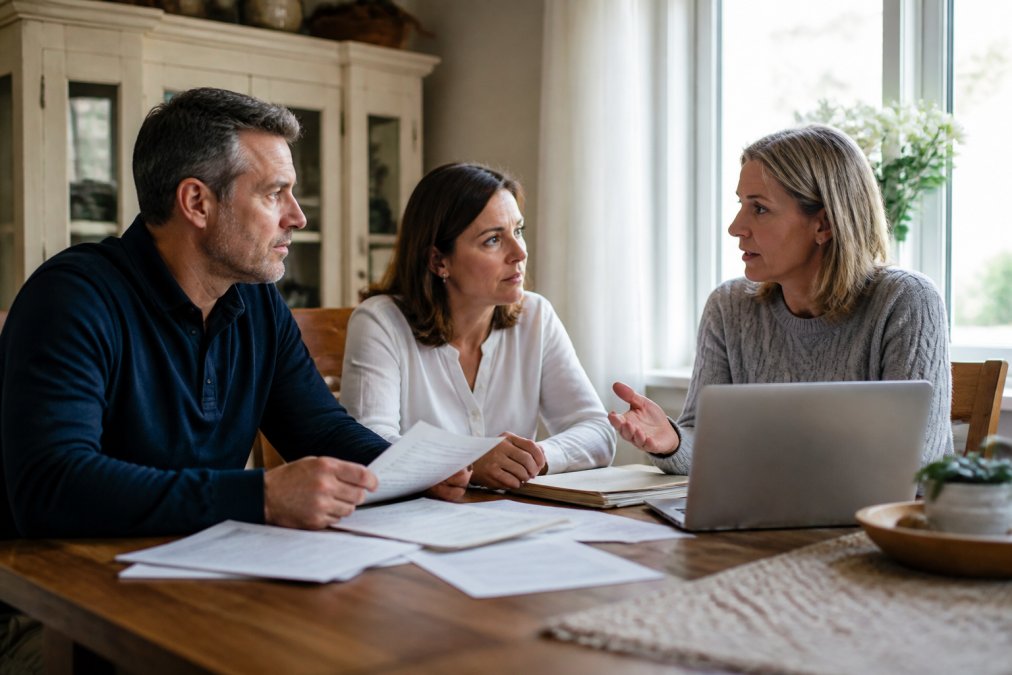 Three adult siblings sitting at a dining table with papers and a laptop, having a calm discussion about estate matters, natural light from a nearby window