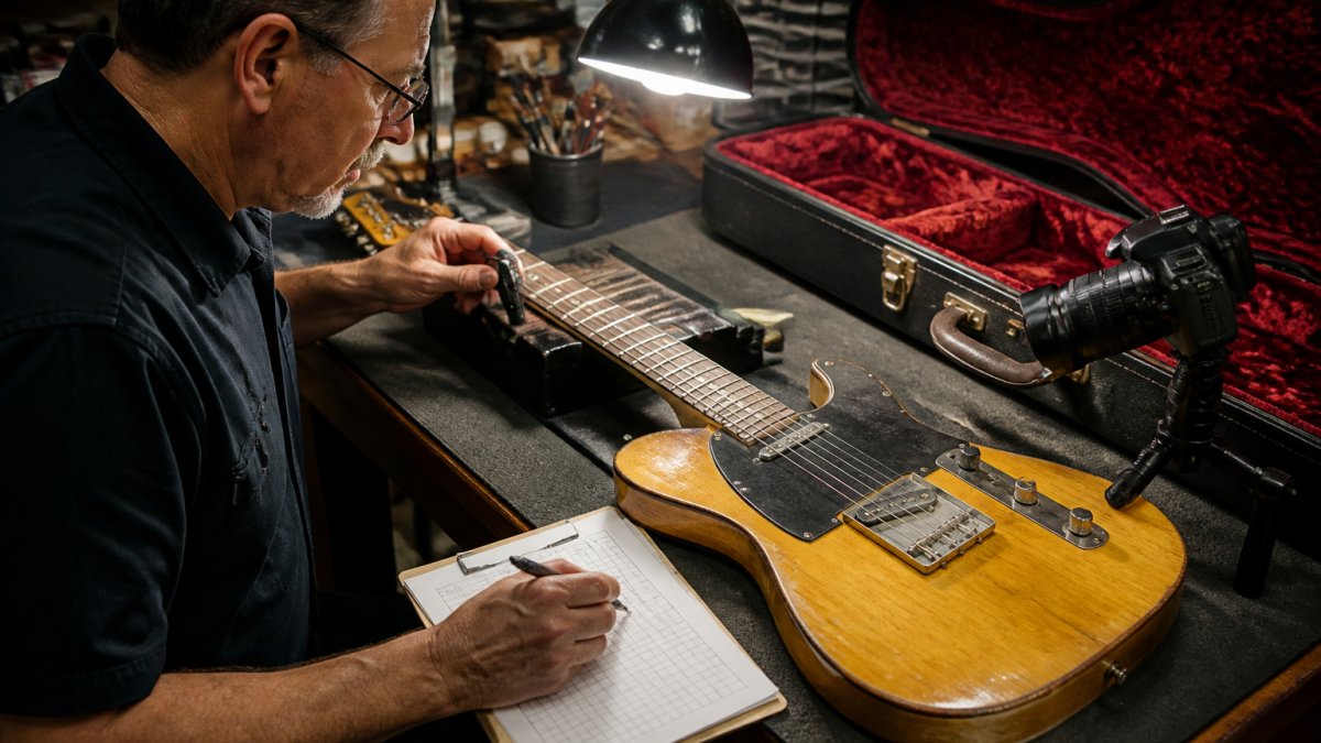 Professional examining a guitar's fretboard and body under bright desk lighting while taking notes and photographing the instrument for documentation