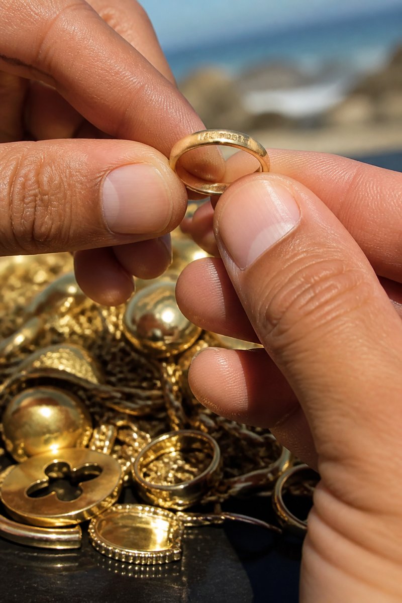 Close-up of hands examining gold jewelry under bright natural light, showing hallmark stamps and karat markings etched into a gold ring's interior surface