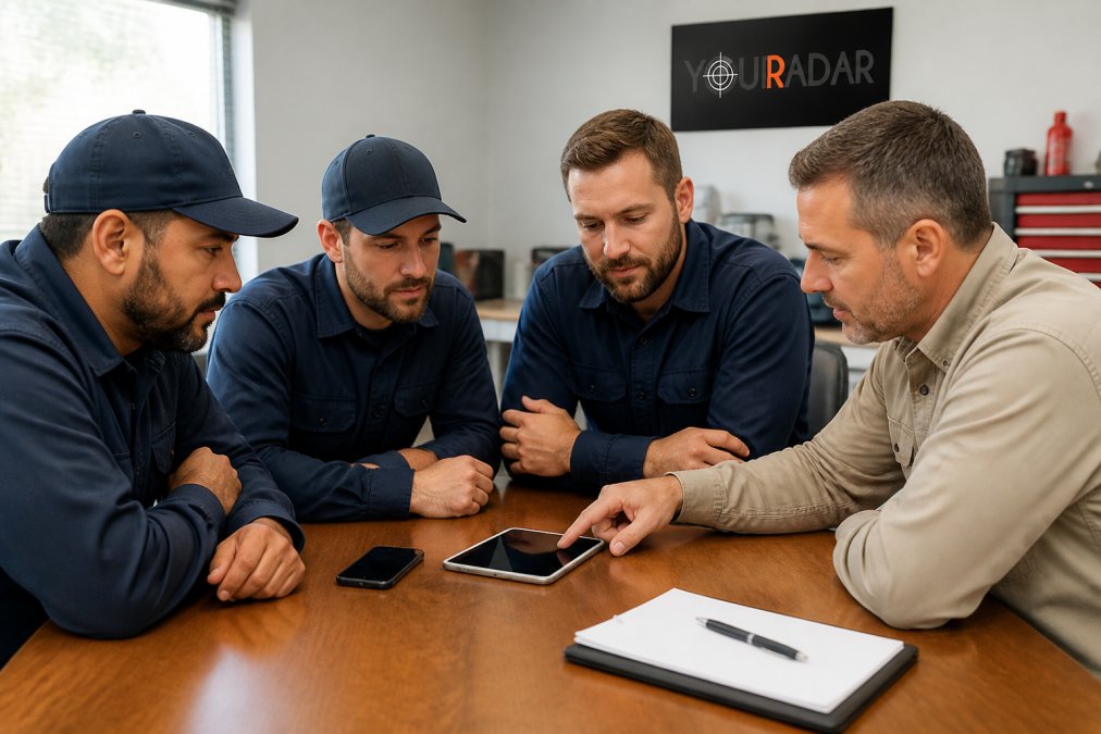 A small group of HVAC and plumbing technicians in work uniforms sitting around a table with a tablet and smartphone, discussing an app interface with their manager in a bright shop office